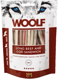 Woolf Przysmak Pies Long Beef&Cod Sandwich - Wołowina z Dorszem paski, 100g